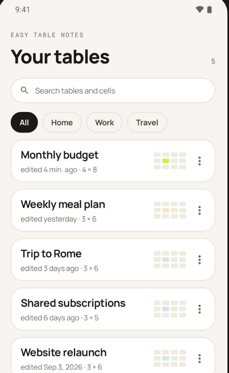 Your tables in the Android app